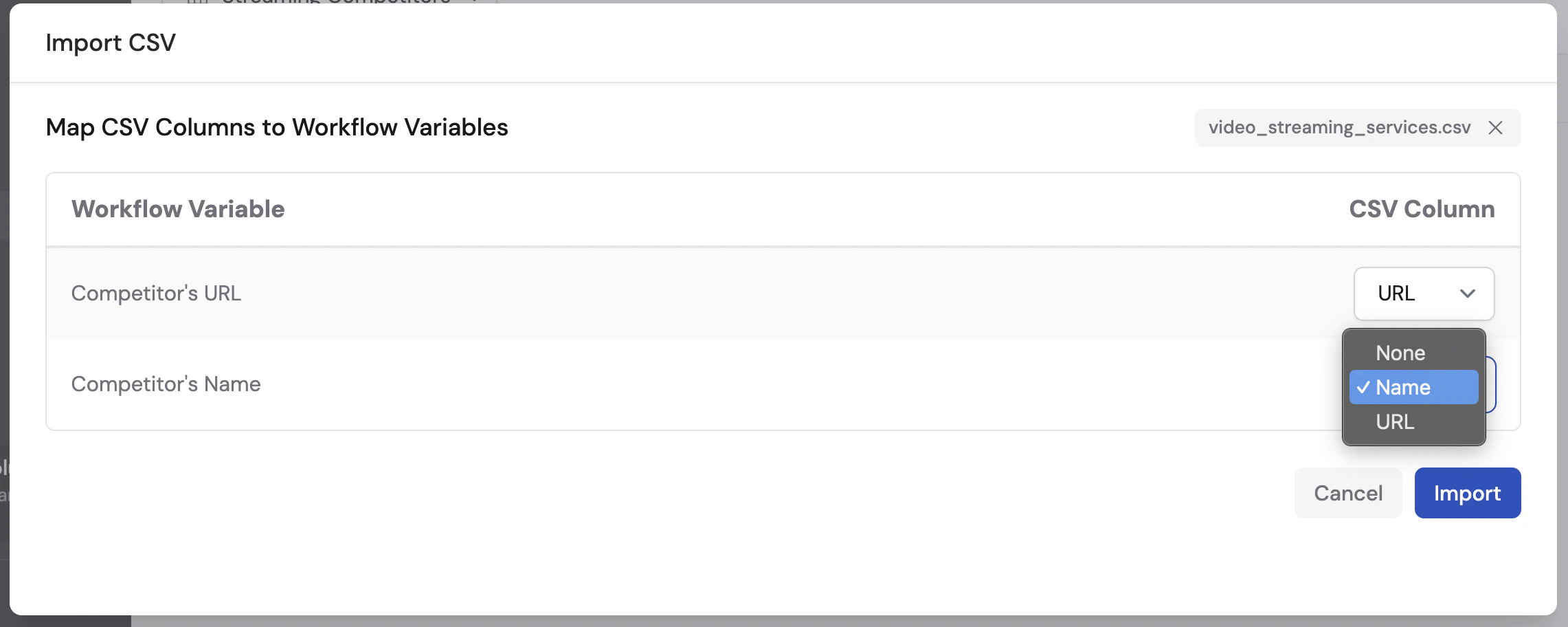 Column mapping interface showing CSV columns matched to Workflow input variables