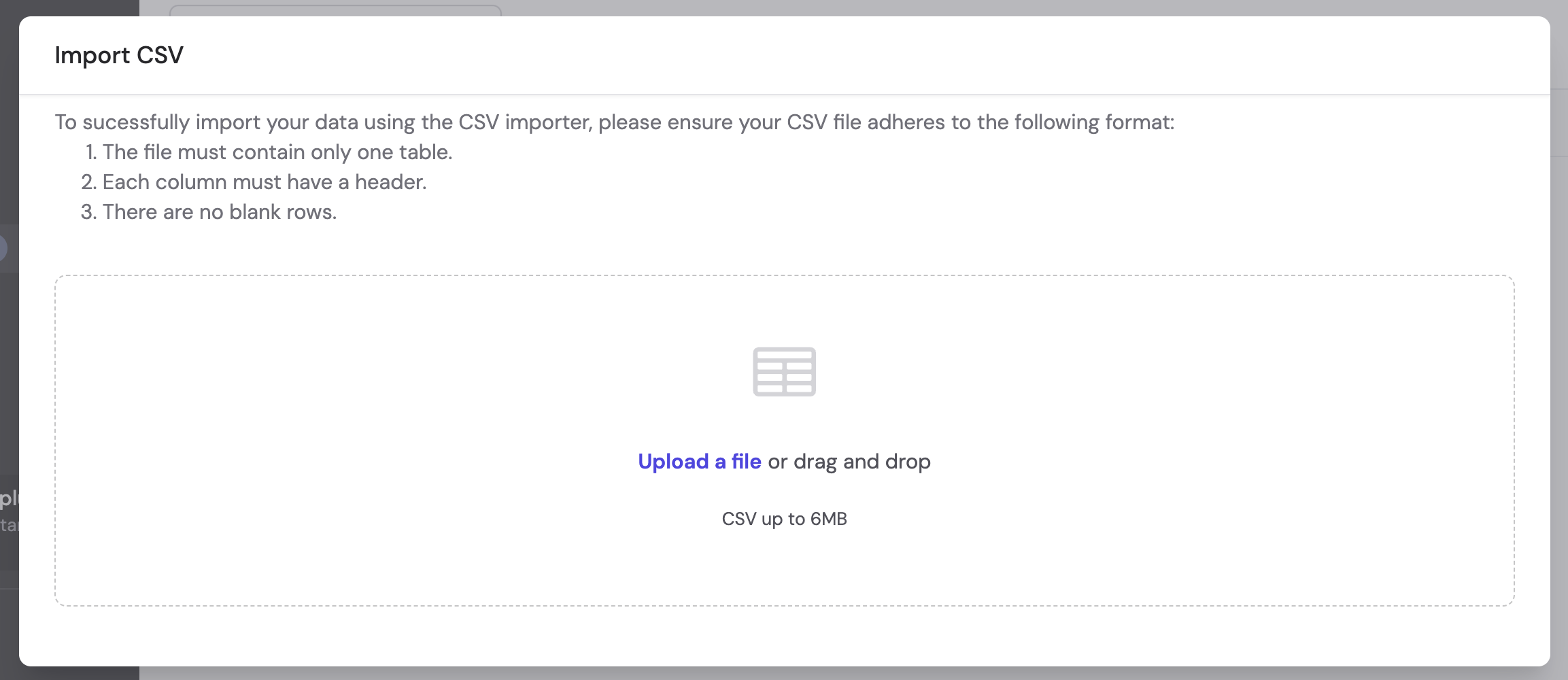 CSV file upload dialog with drag-and-drop area