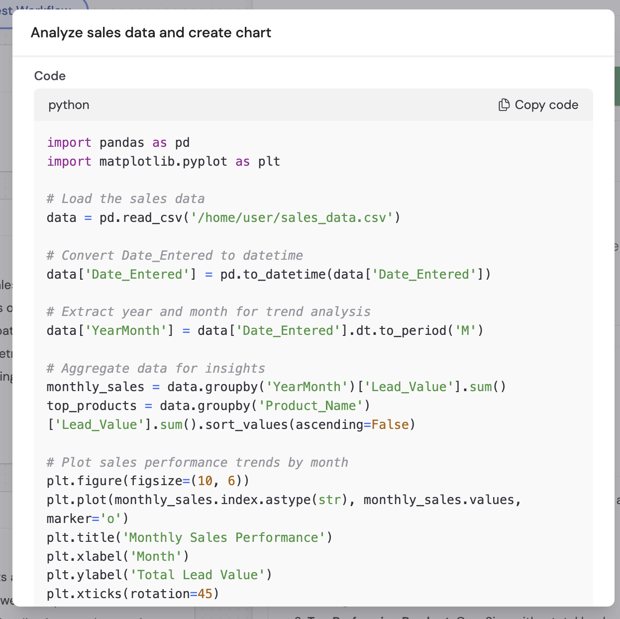 Modal showing the Python code the AI used to analyze the data