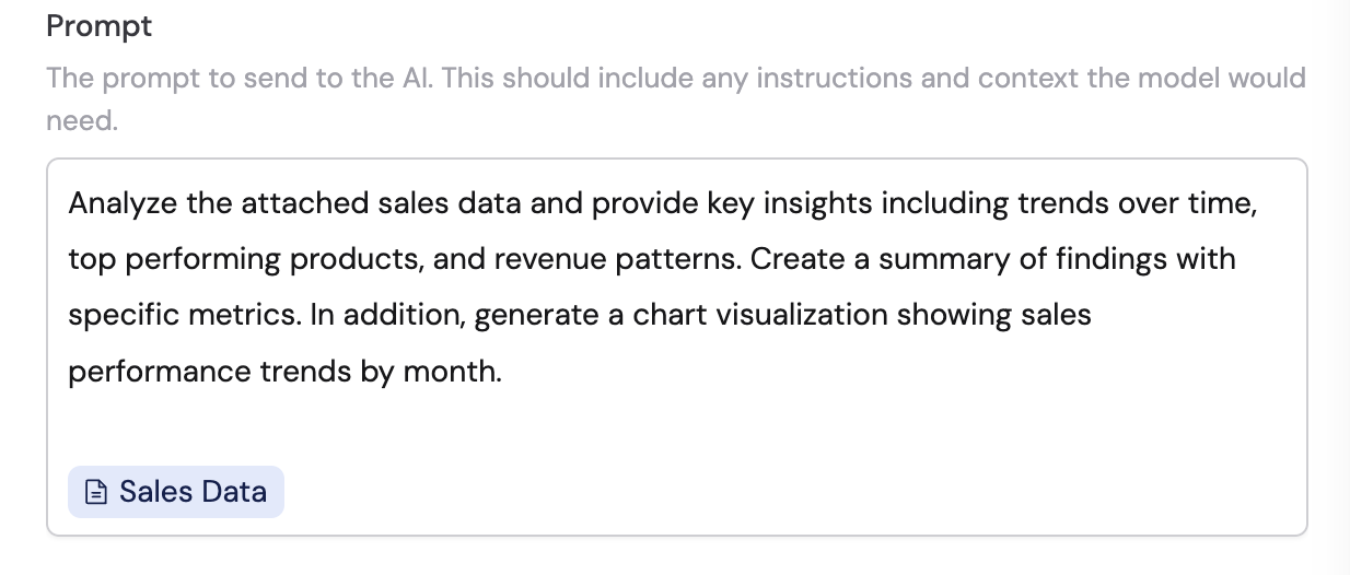 Generate Text prompt referencing the uploaded file and requesting analysis with chart generation
