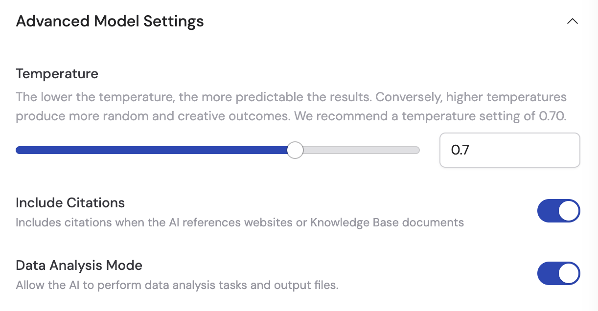 Data Analysis Mode toggle enabled in the Advanced Model Settings tab