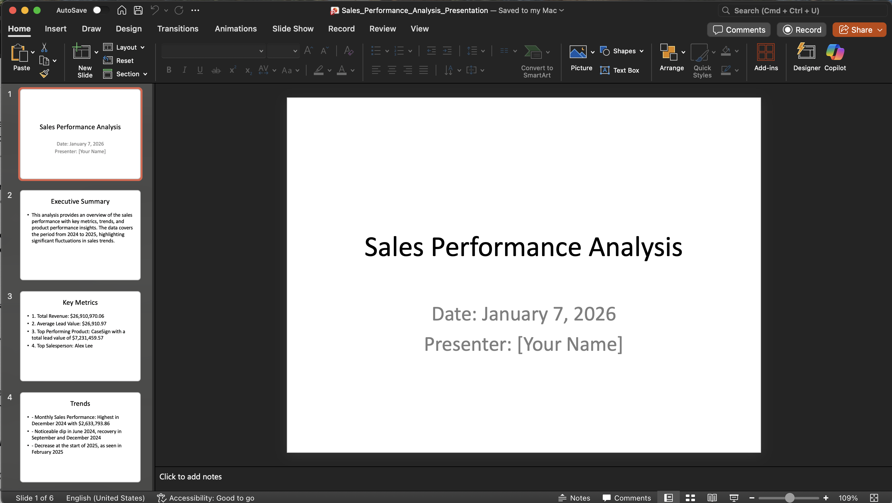 Generated PowerPoint presentation with data analysis slides and charts