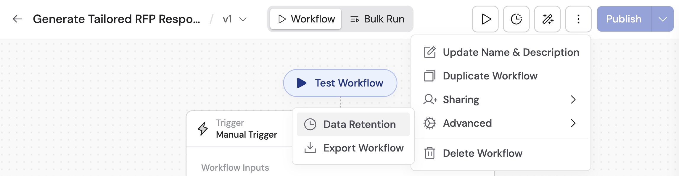 Workflow editor menu showing the Data Retention option under Advanced