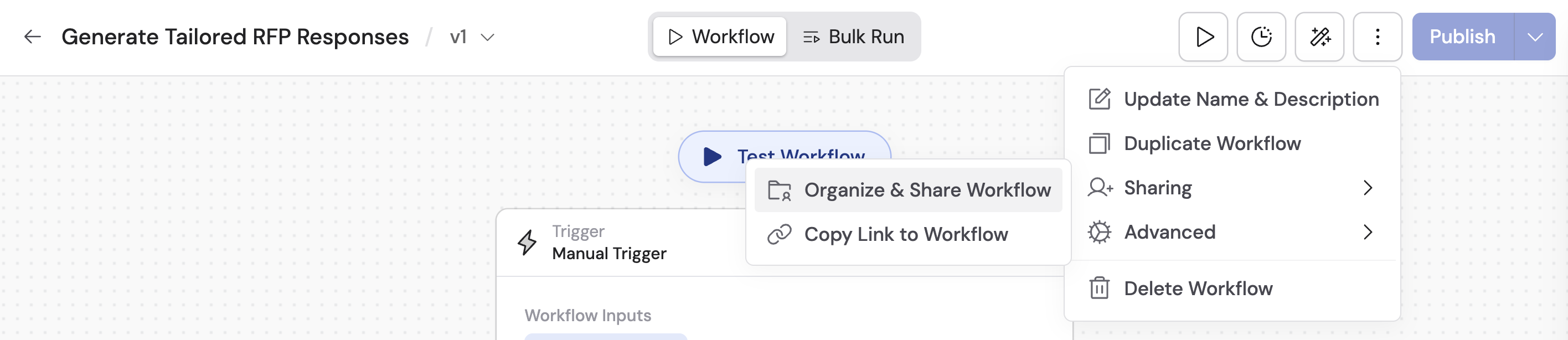 Workflow editor menu showing the Organize and Share Workflow option under Sharing
