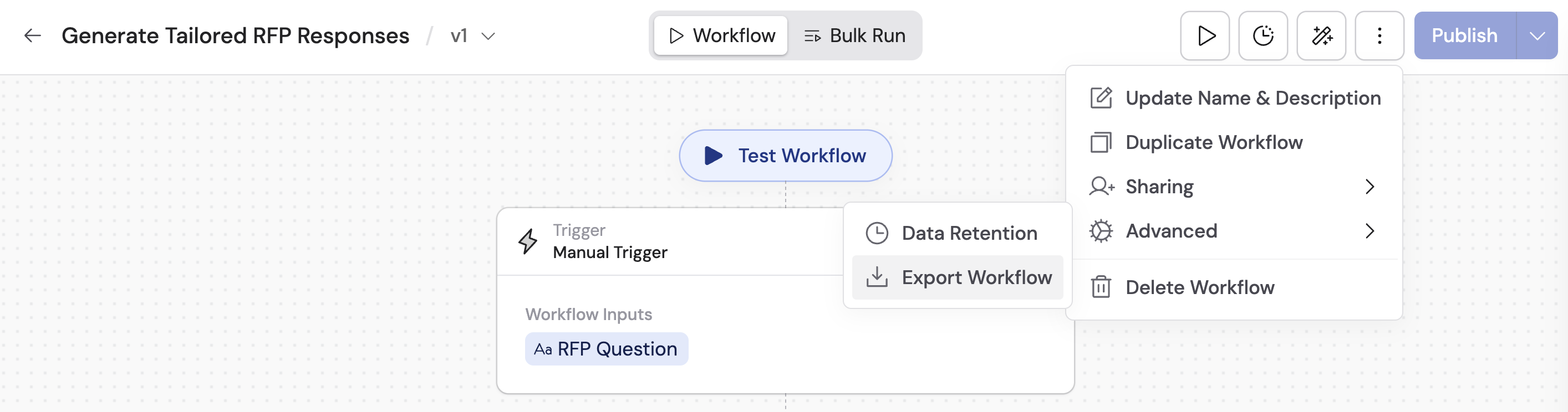 Workflow editor ellipsis menu showing Export Workflow option under Advanced
