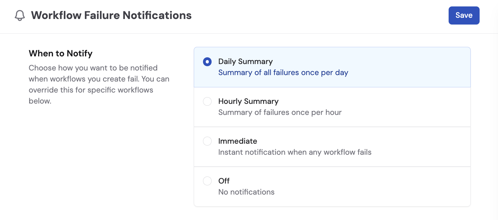 Workflow Notifications settings page showing frequency options