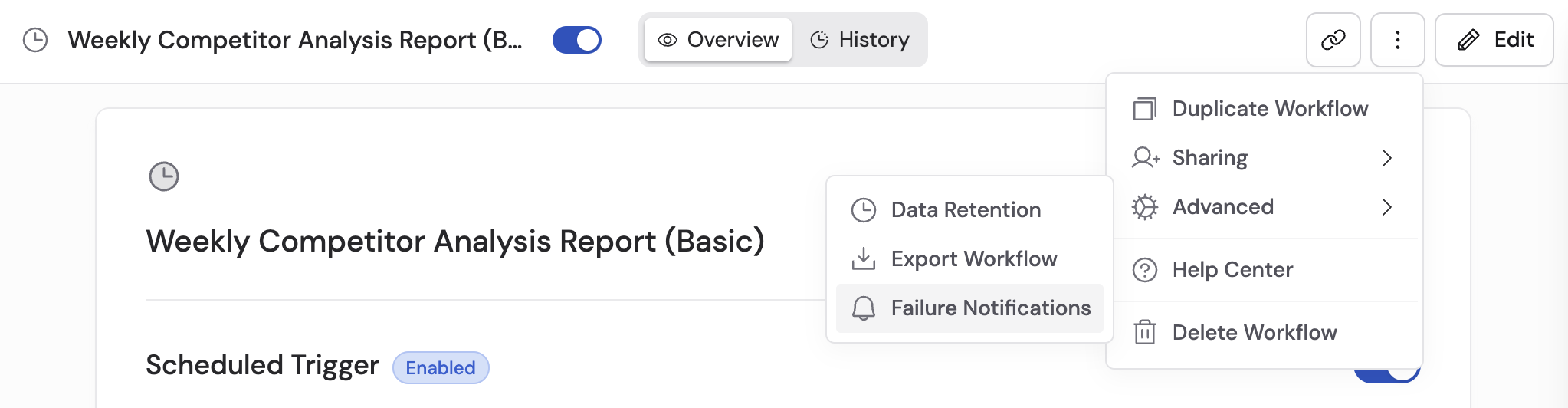 Workflow editor menu showing the Failure Notifications option