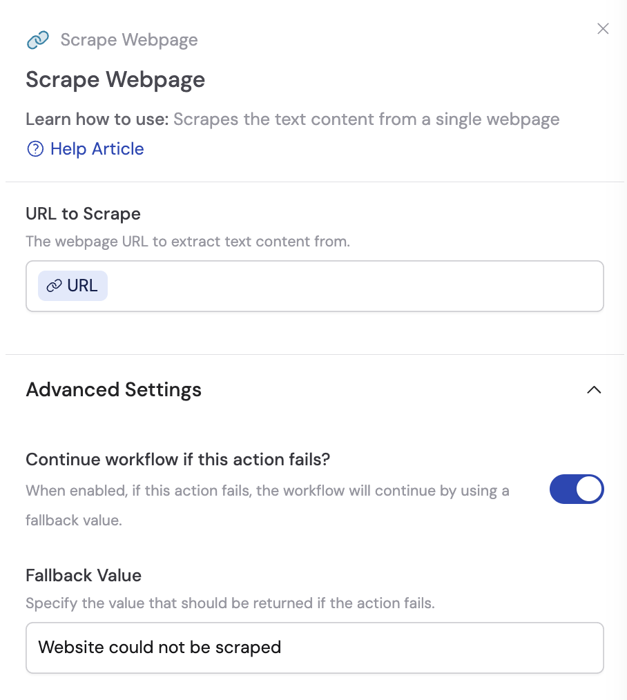 Advanced Settings section with Continue workflow if this action fails toggled on and Fallback Value field filled in