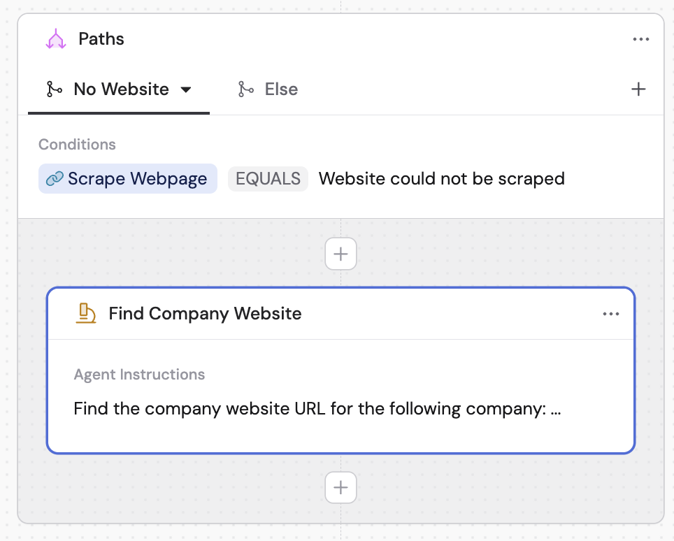 Paths action with a No Website branch that routes when Scrape Webpage output equals the fallback value