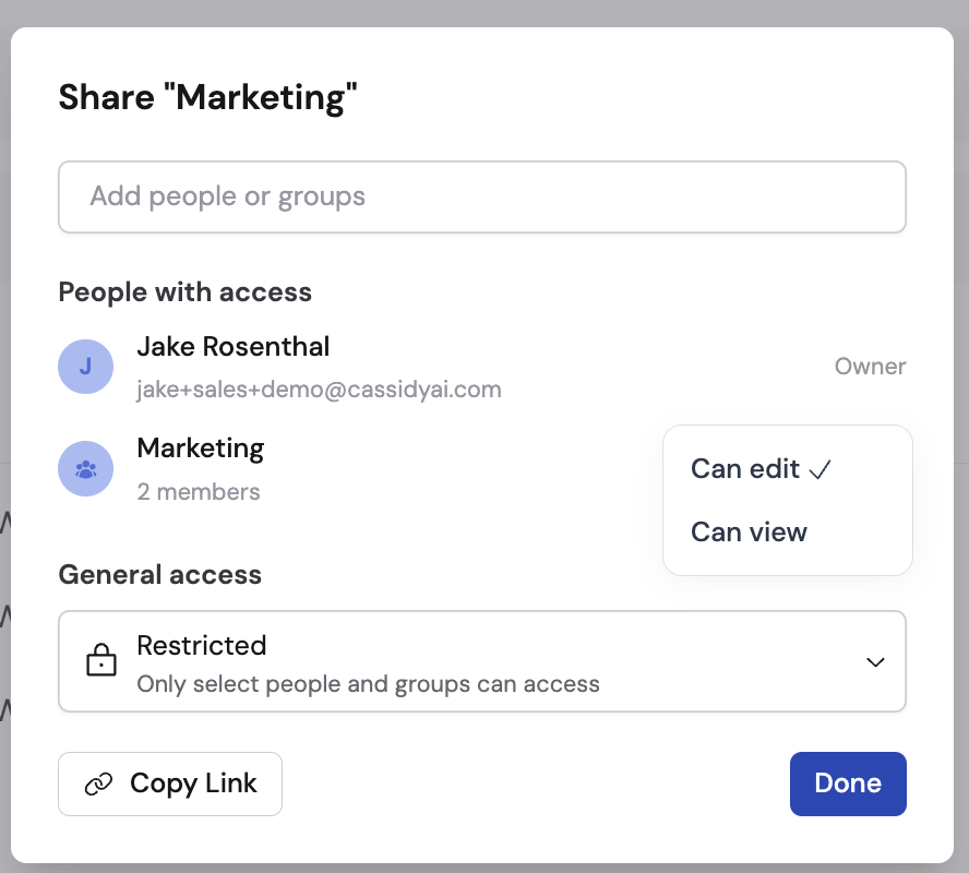 Folder sharing dialog showing people and groups with Can edit and Can view permission levels