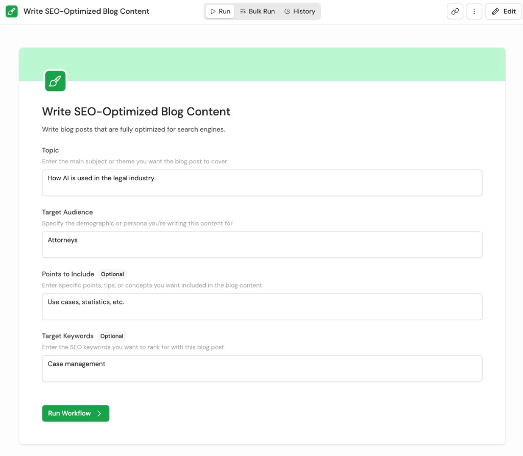 Run tab with Topic, Target Audience, and optional fields filled in before running the Workflow