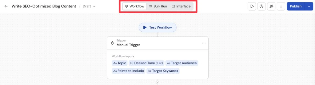 Workflow editor header with Workflow, Bulk Run, and Interface tabs