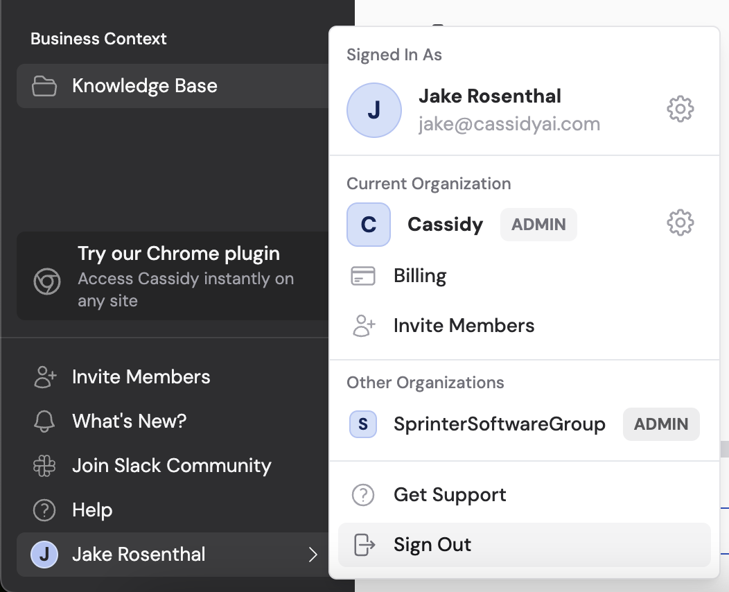 Cassidy sidebar showing the account settings popup