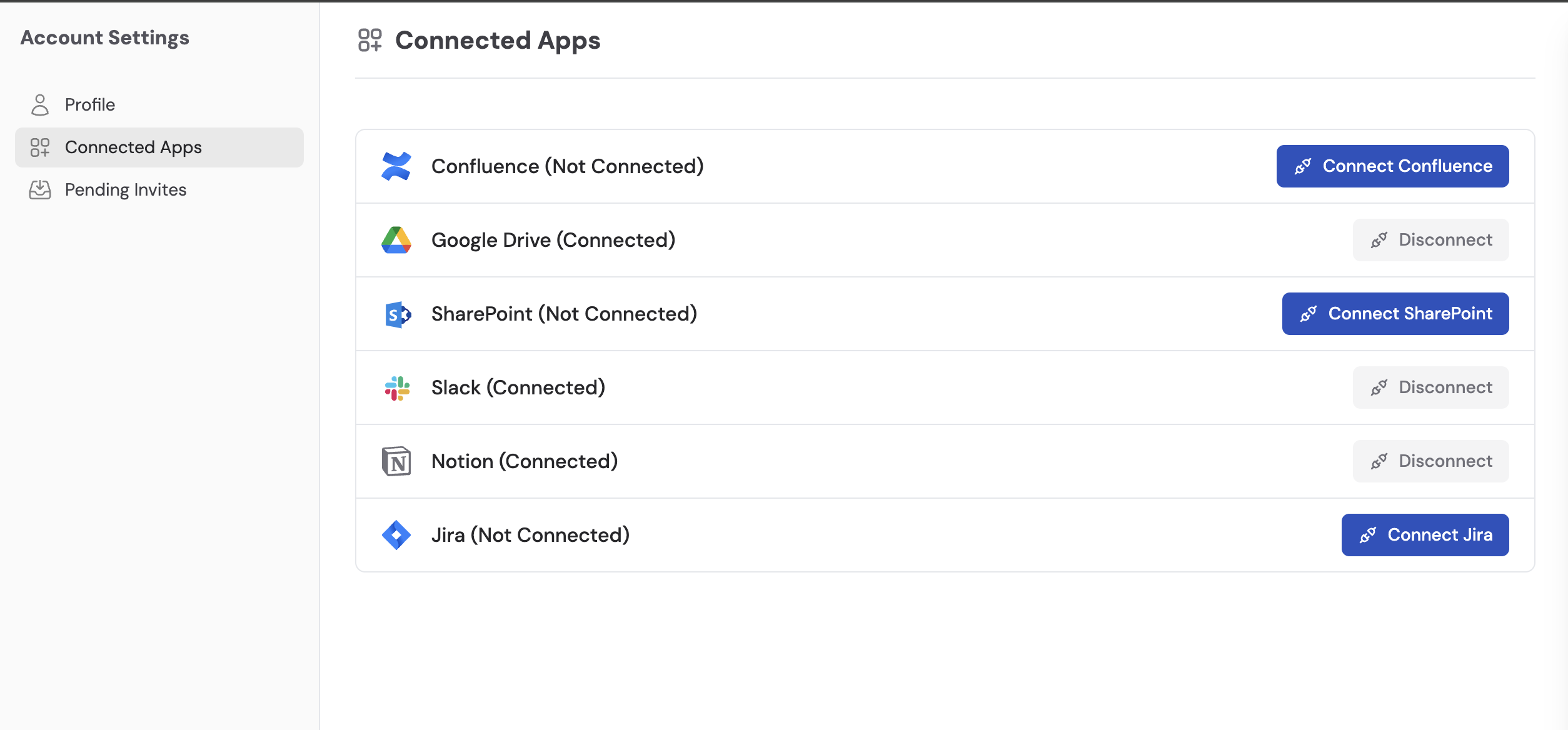 Connected Apps page showing Jira with a Connect Jira button