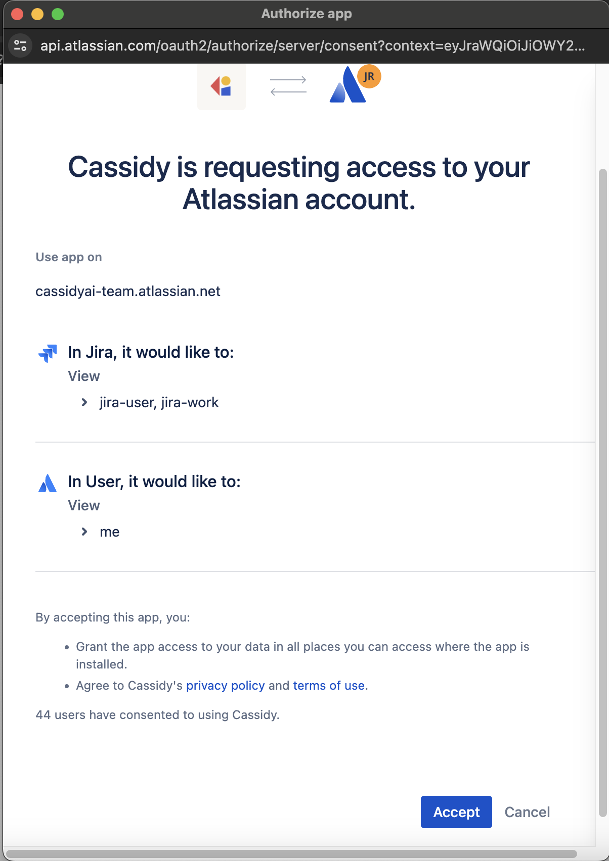 Atlassian authorization page showing Cassidy requesting access to Jira data