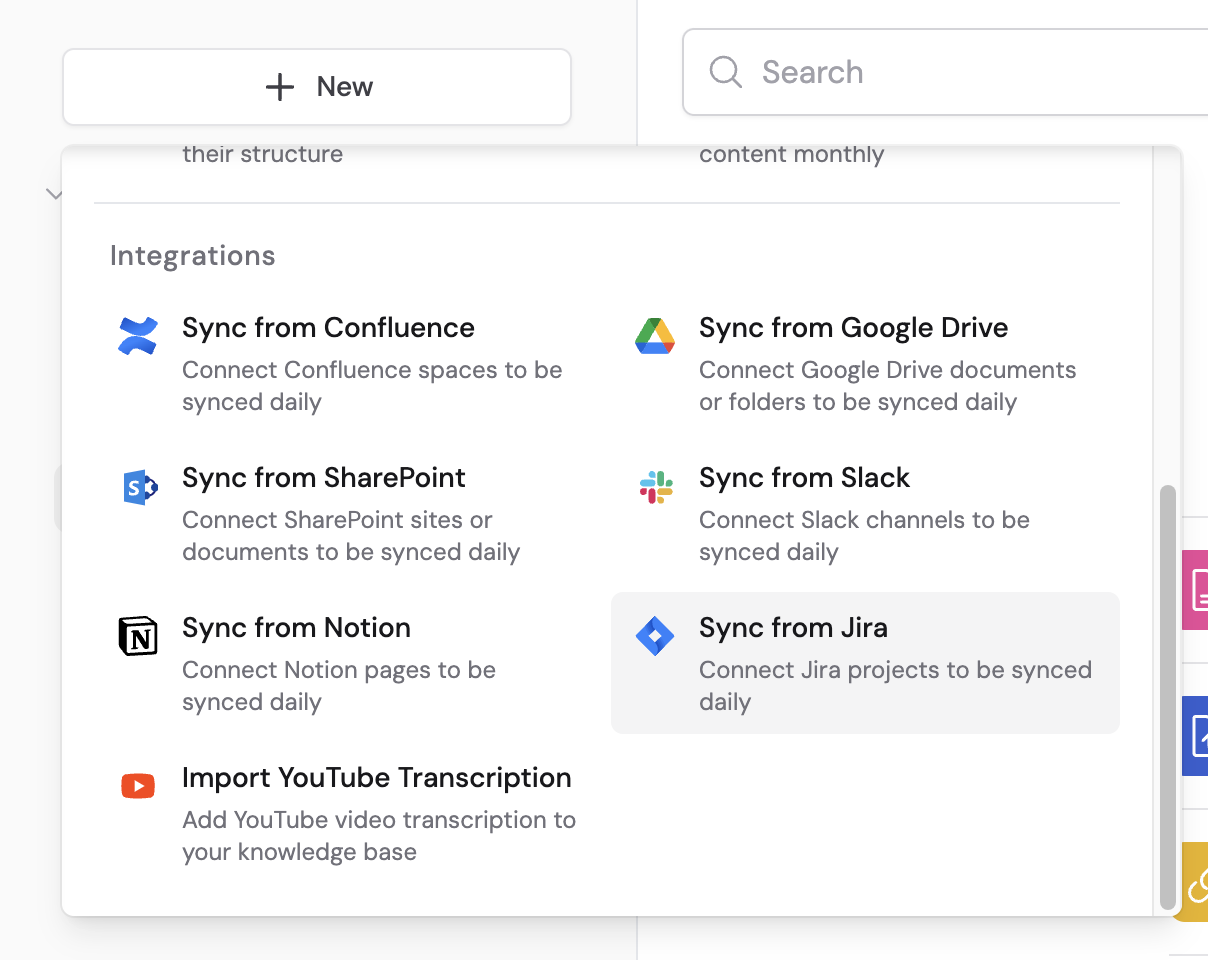 Knowledge Base Sync From Integrations dropdown showing Sync from Jira option highlighted