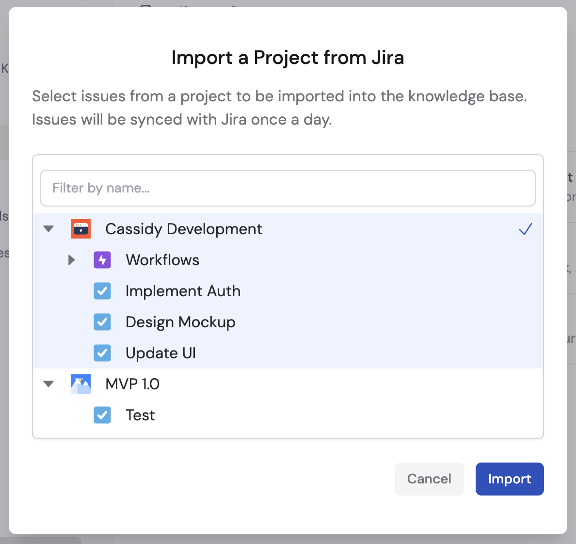 Import a Project from Jira dialog showing projects and issues with checkboxes