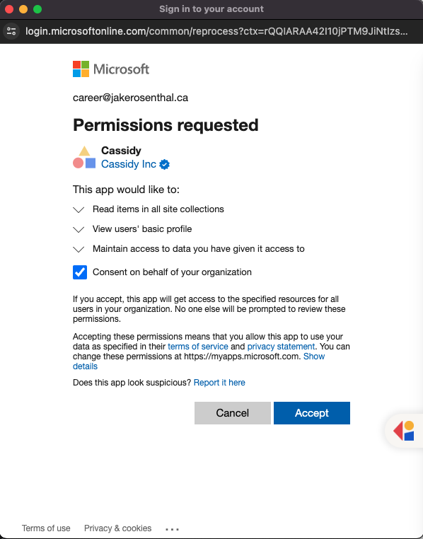 Microsoft SharePoint Connect button in the Connected Apps list