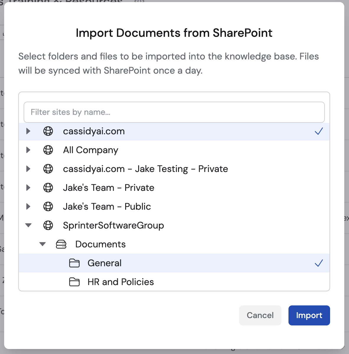 SharePoint site and document selection dialog for import