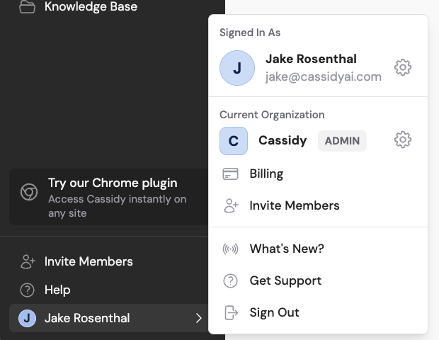 Settings sidebar showing the account settings entry point