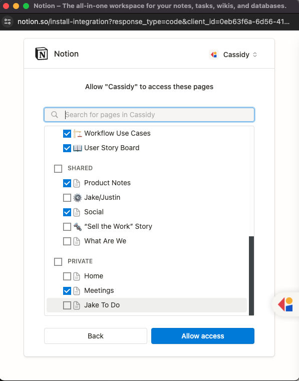 Notion account login prompt for Cassidy authorization