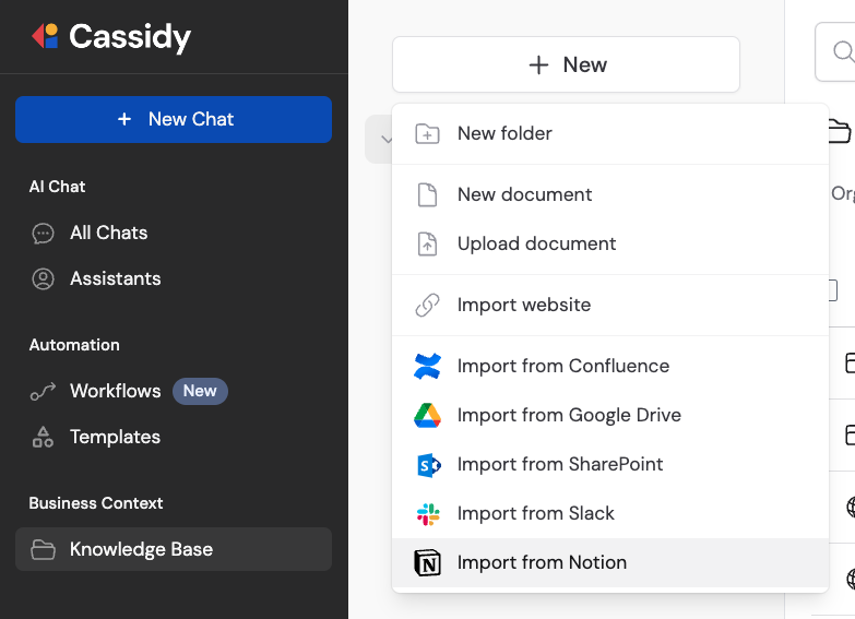 Knowledge Base import section showing Notion as a source