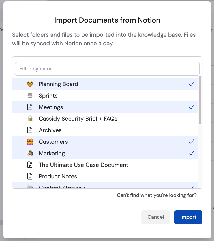Page selection dialog for Notion import