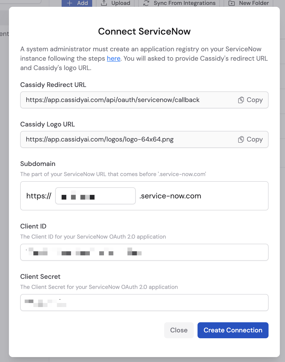 ServiceNow connection form with Client ID field