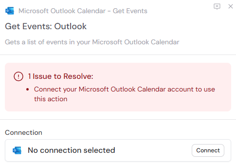 Connecting Microsoft Outlook in the action configuration