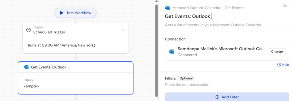Renaming the Get Microsoft Outlook Calendar Events action