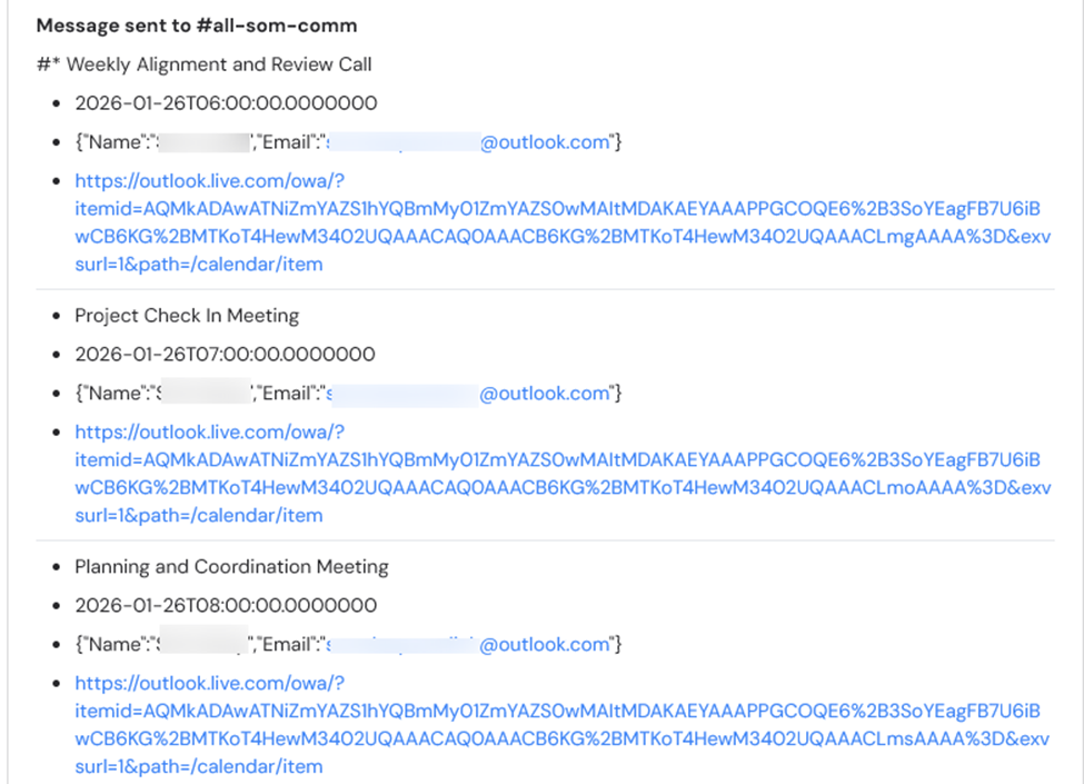 Example Slack message showing a formatted daily meetings summary