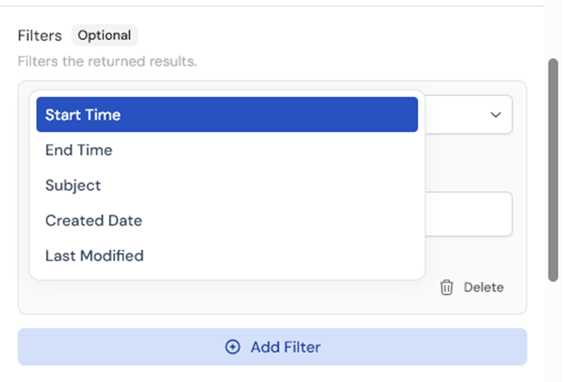 Filter options for the Get Calendar Events action