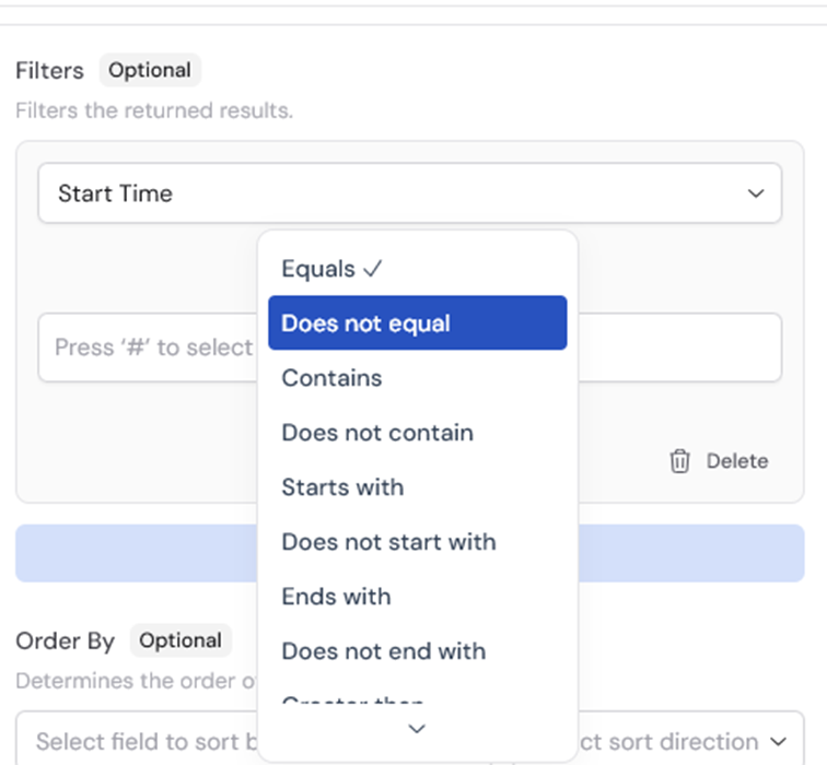 Configuring a filter row with operator and value