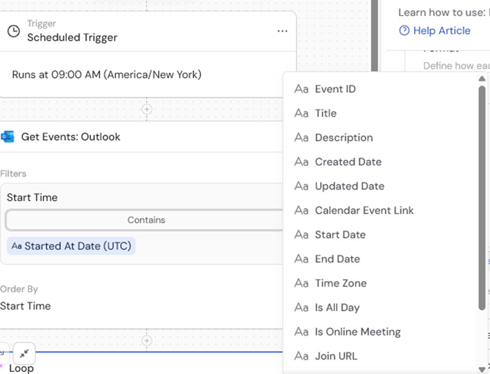 Variable picker showing available calendar event output fields