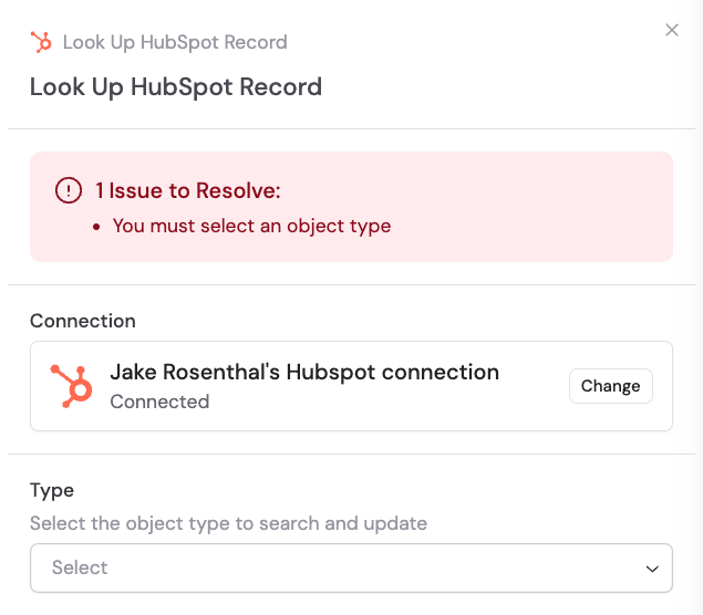 HubSpot connection prompt in the action configuration