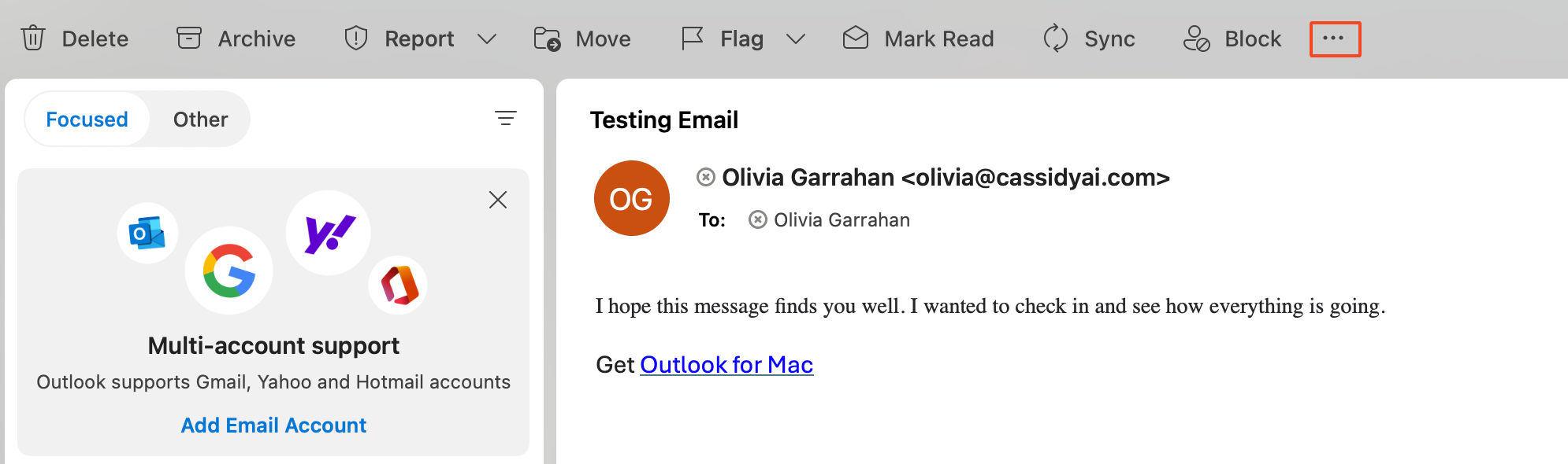 Outlook toolbar with the more actions menu showing the Cassidy extension