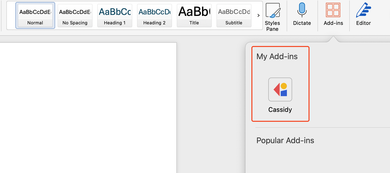 Cassidy listed in the Add-ins menu in Word