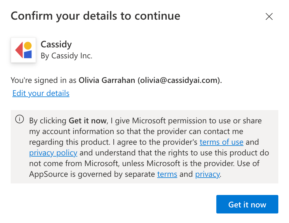 Microsoft account confirmation dialog with a Get it now button