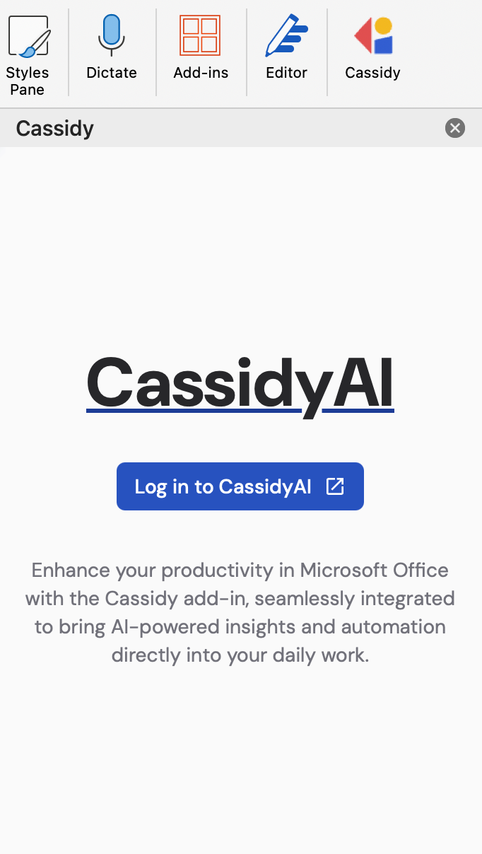 Cassidy login screen inside the Word extension side panel