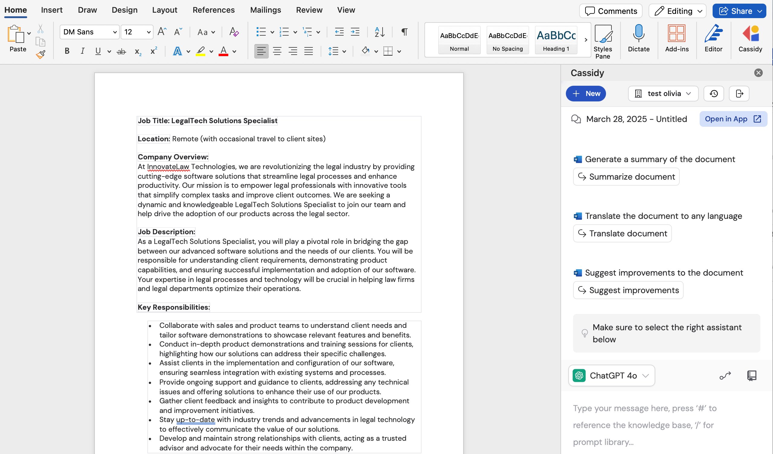 Cassidy Agent side panel in Word with a suggested prompt for document editing