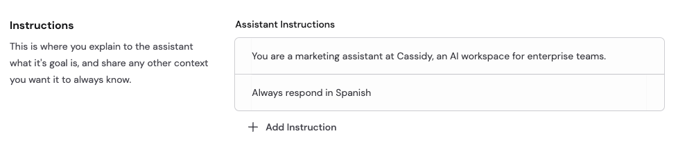 Agent instruction field with a language preference set to Spanish