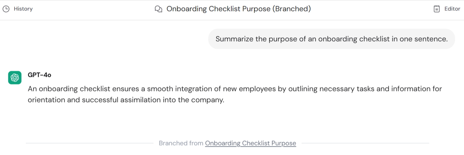 Branched chat showing the conversation history and branch label