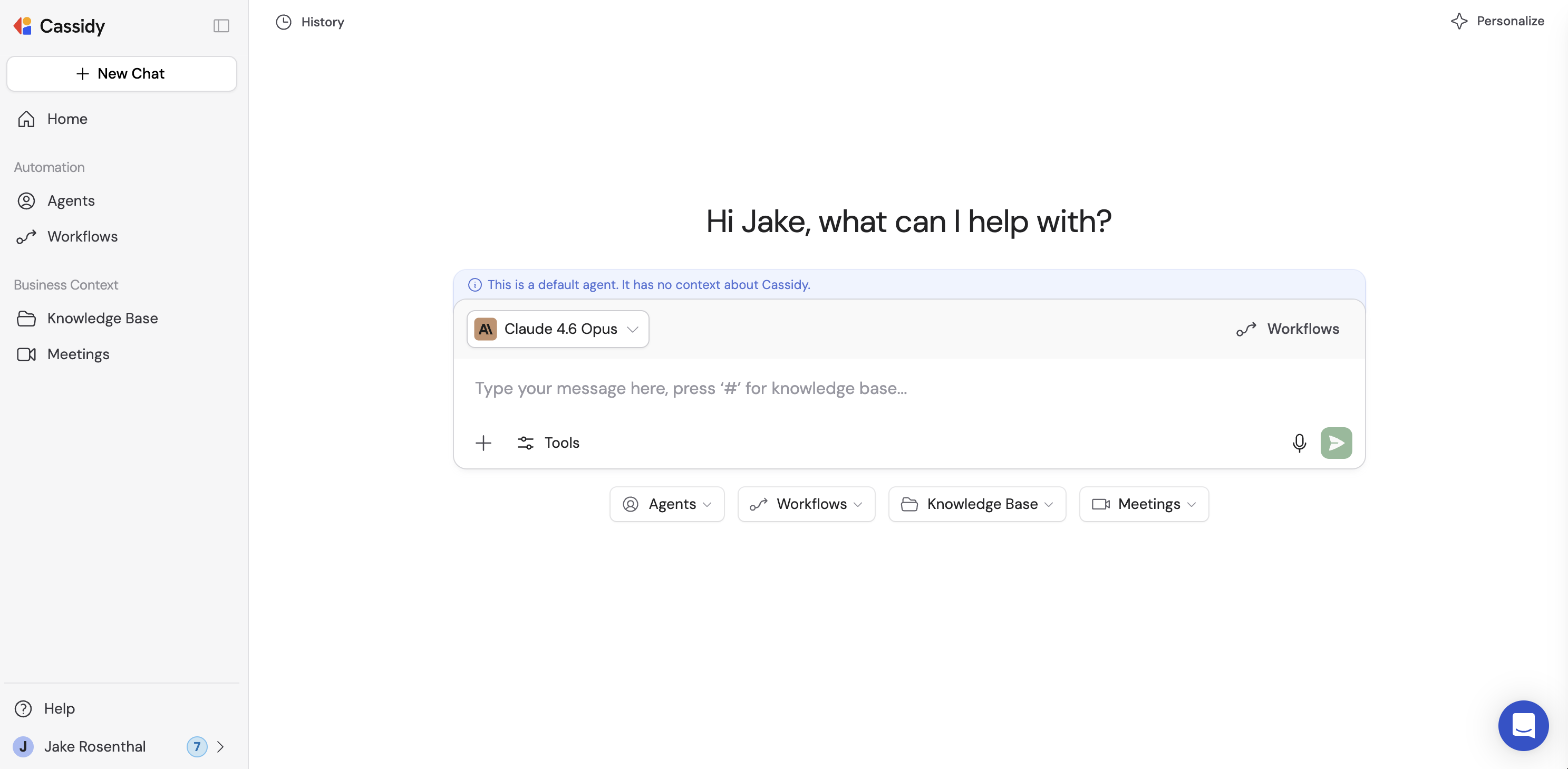 Cassidy Chat interface showing an Agent conversation with Knowledge Base citations