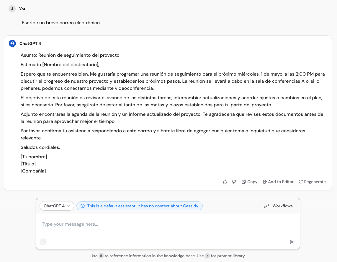 Chat conversation in Spanish with the Agent responding in Spanish