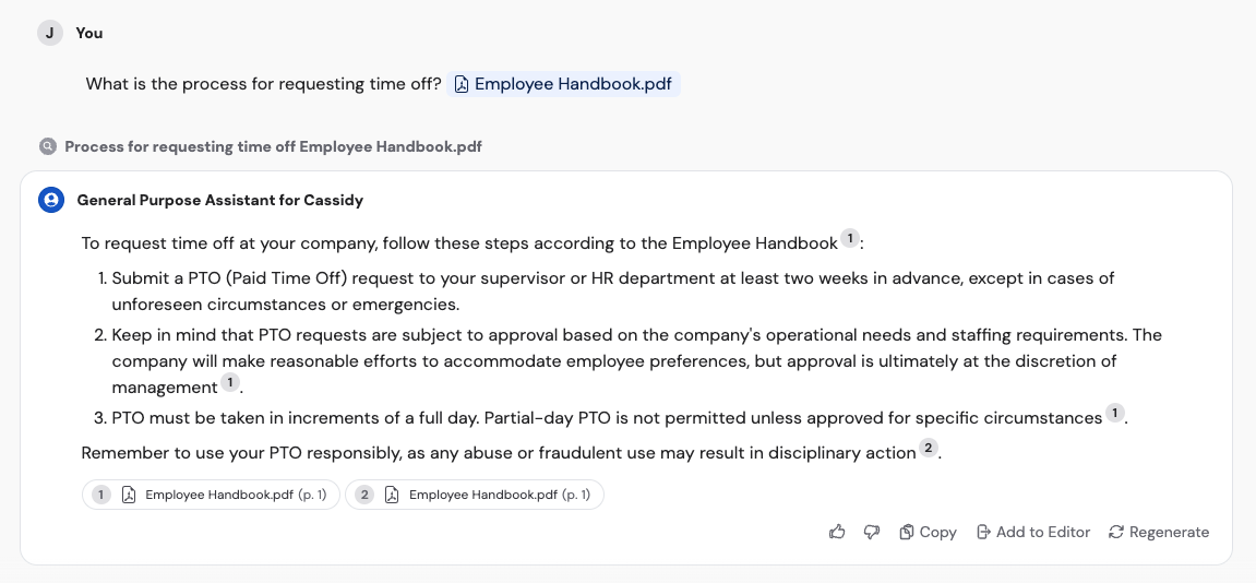 Chat response with Knowledge Base citations highlighted