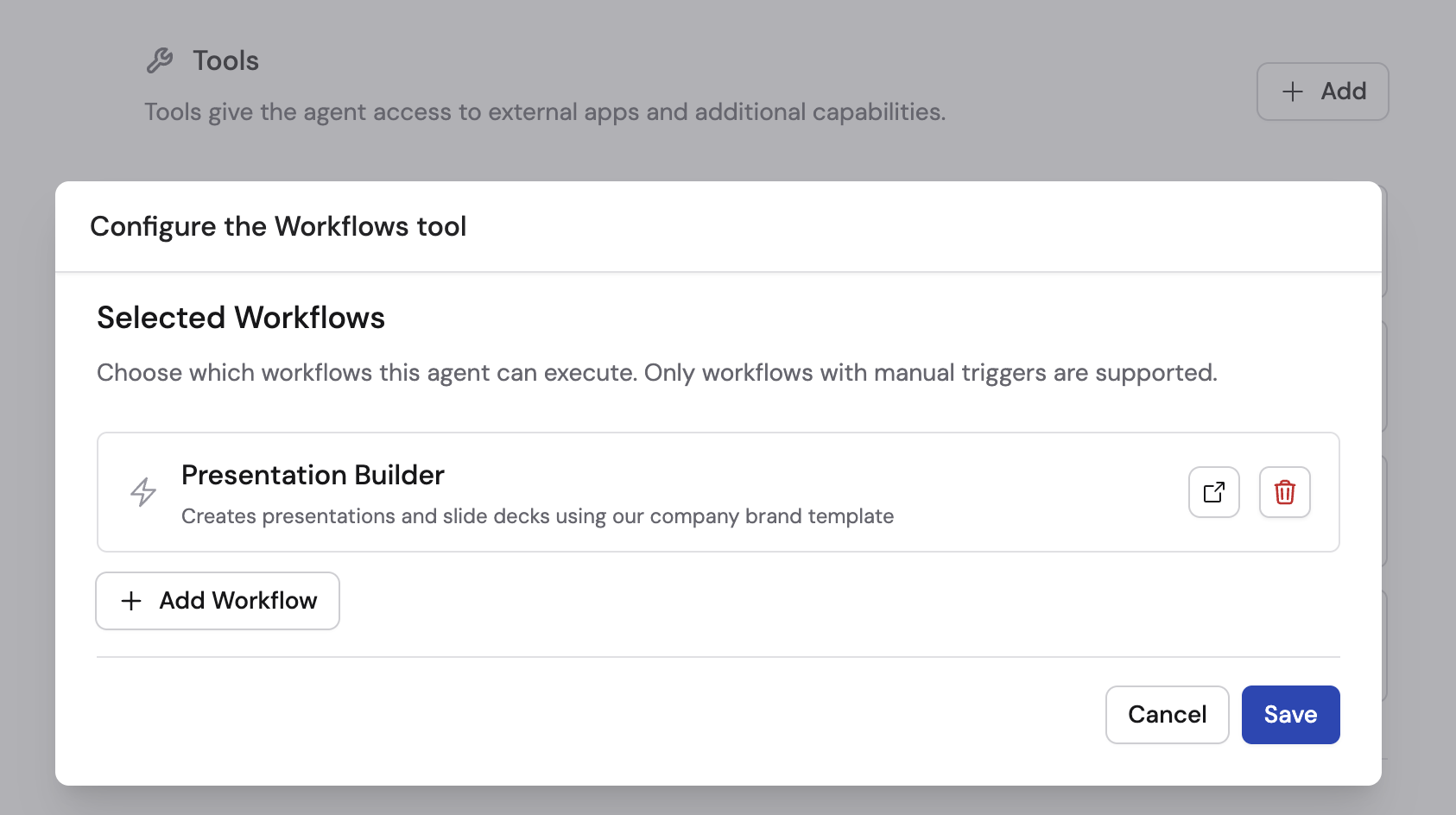 Call Workflow configuration attaching a file-generation Workflow to an Agent