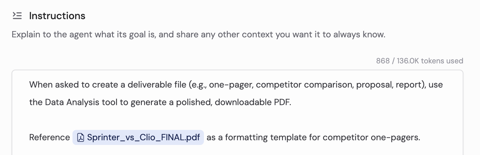 Custom Agent configuration with Knowledge Base and reference files attached