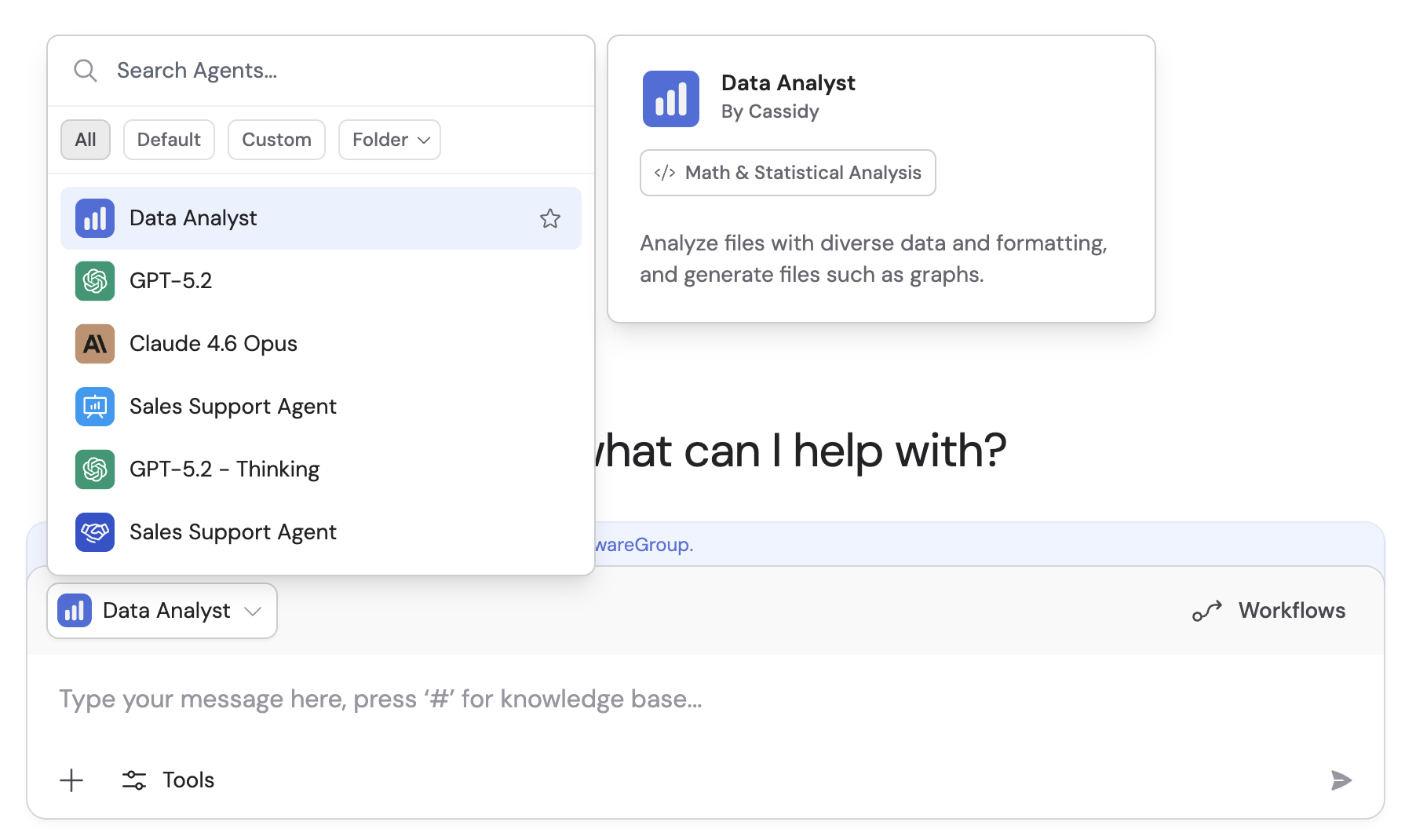 Agent dropdown with the Data Analyst default Agent selected