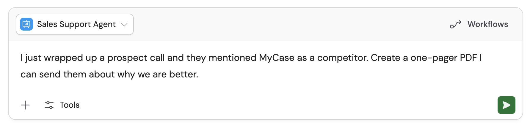 Chat message requesting a competitor one-pager PDF