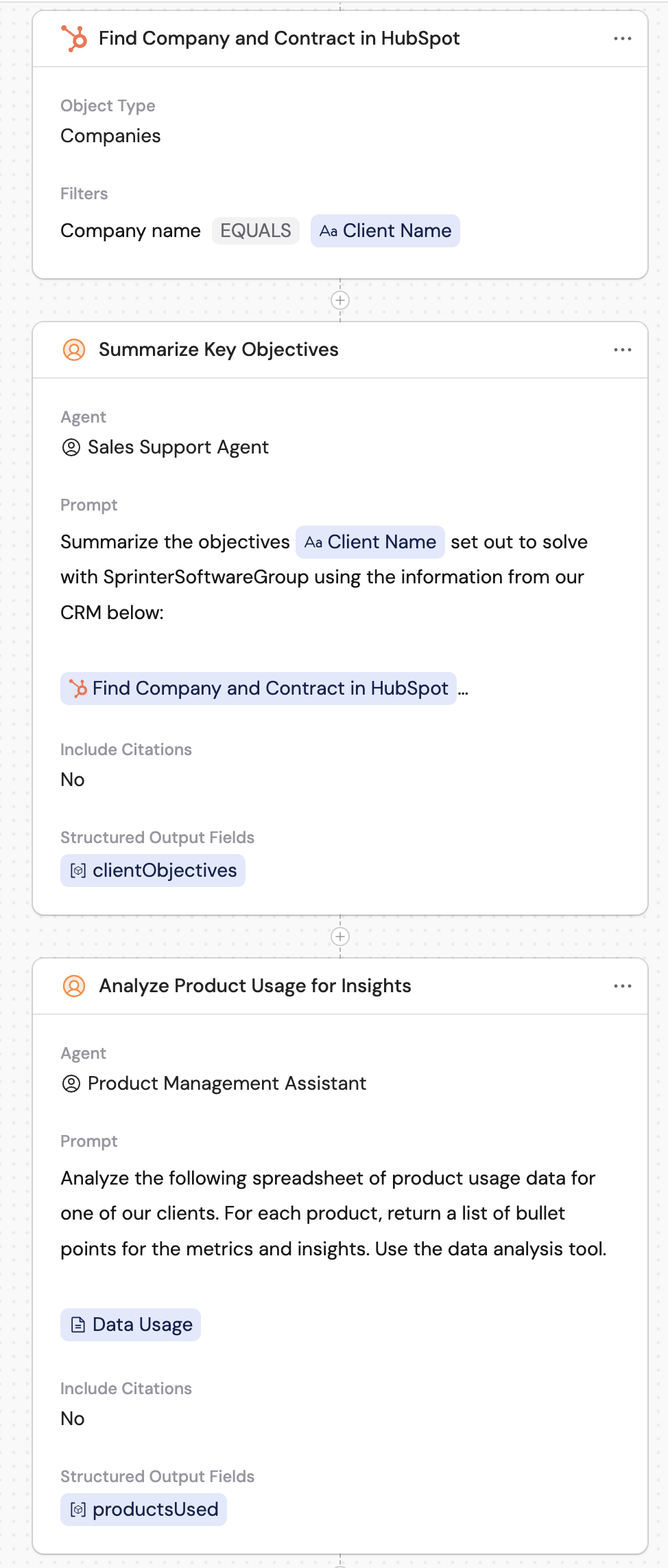 Workflow Generate Text action gathering content from integrations